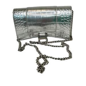Balenciaga Hourglass Shiny Mock-Croc Embossed Wallet on Chain in Silver